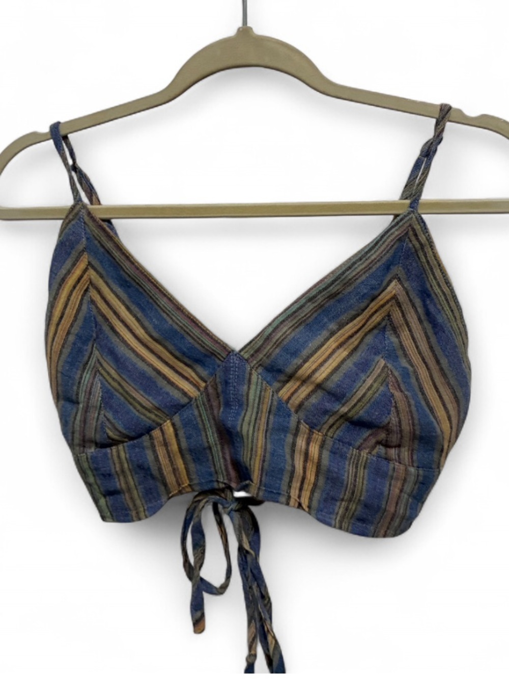 Lakhays Striped Blue and Tan Tie Back Spaghetti Strap Crop Top